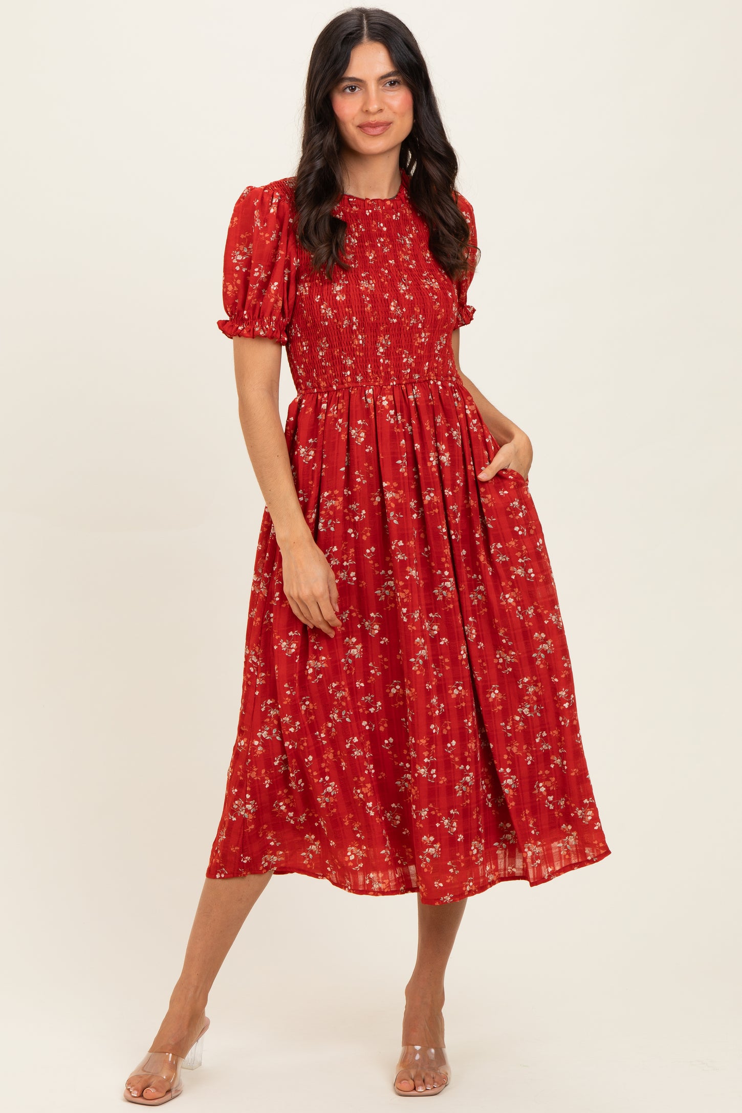 Red Floral Smocked Maternity Midi Dress