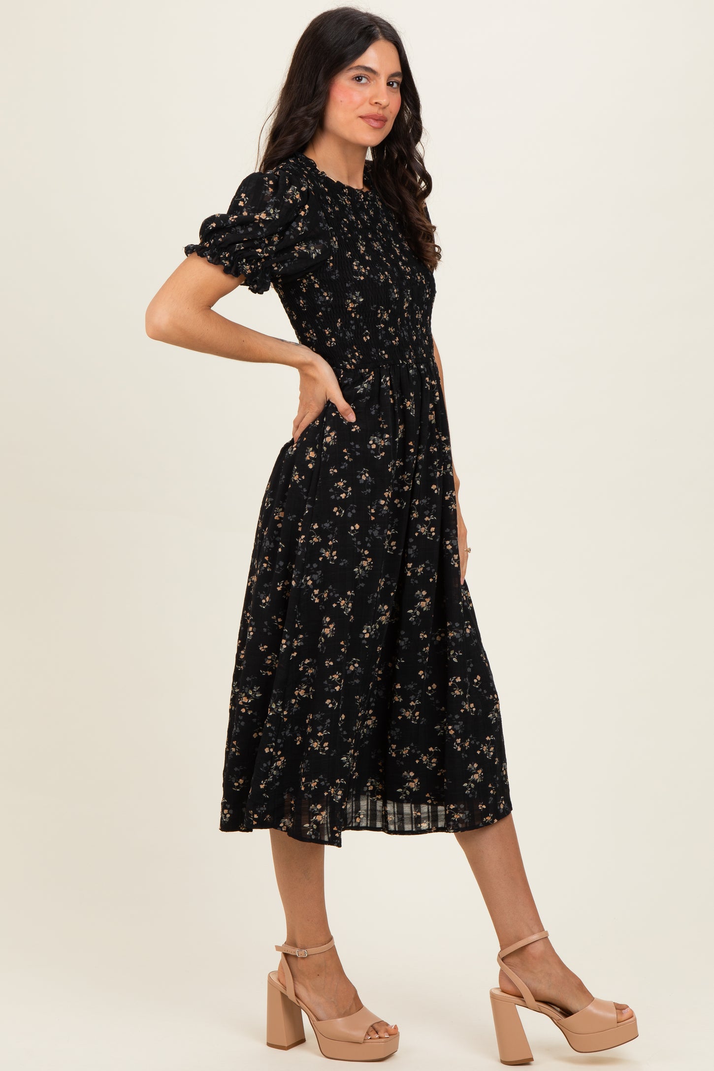 Black Floral Smocked Midi Dress