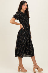 Black Floral Smocked Midi Dress