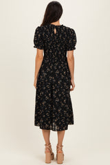 Black Floral Smocked Midi Dress