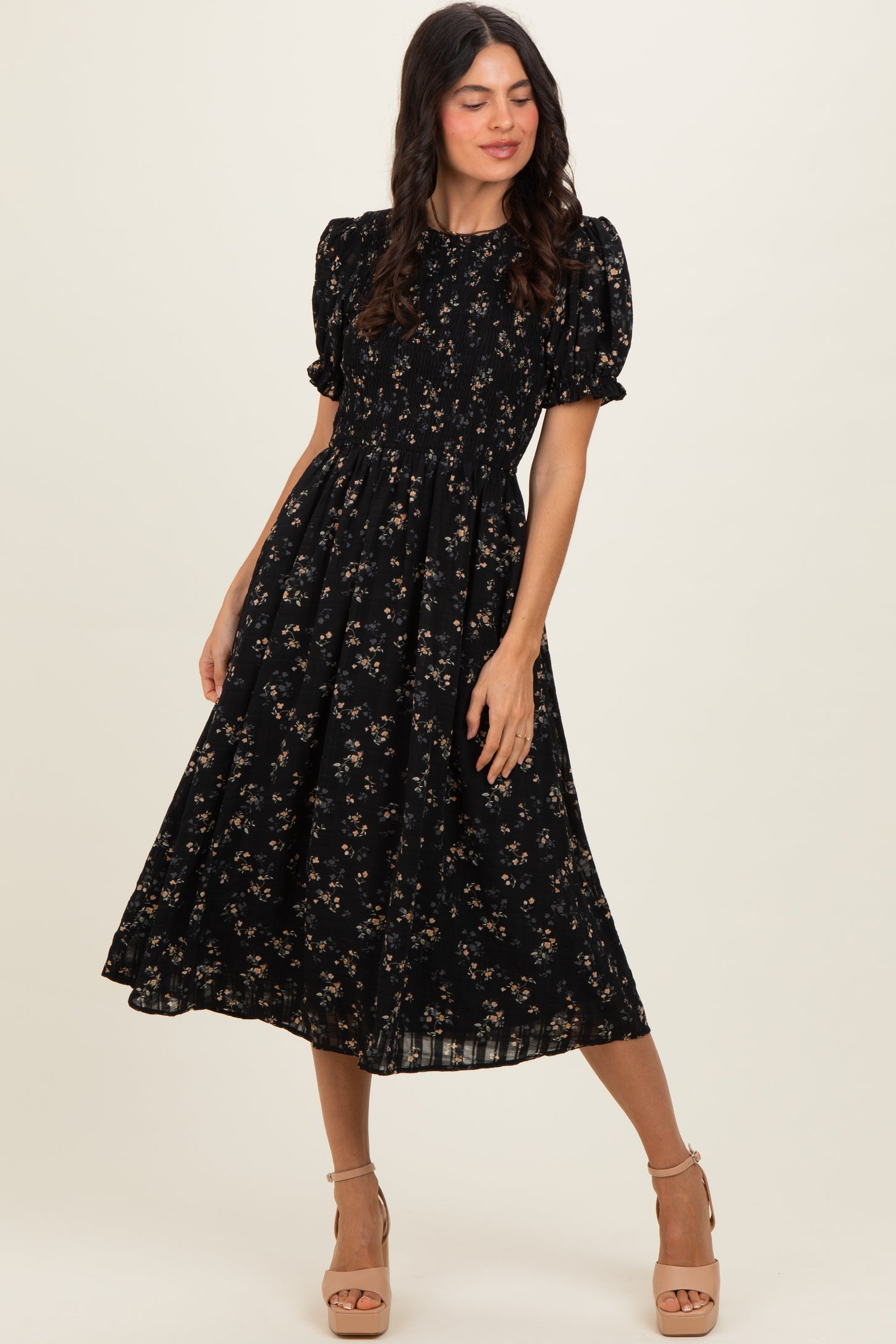 Black Floral Smocked Midi Dress