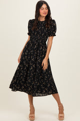 Black Floral Smocked Midi Dress