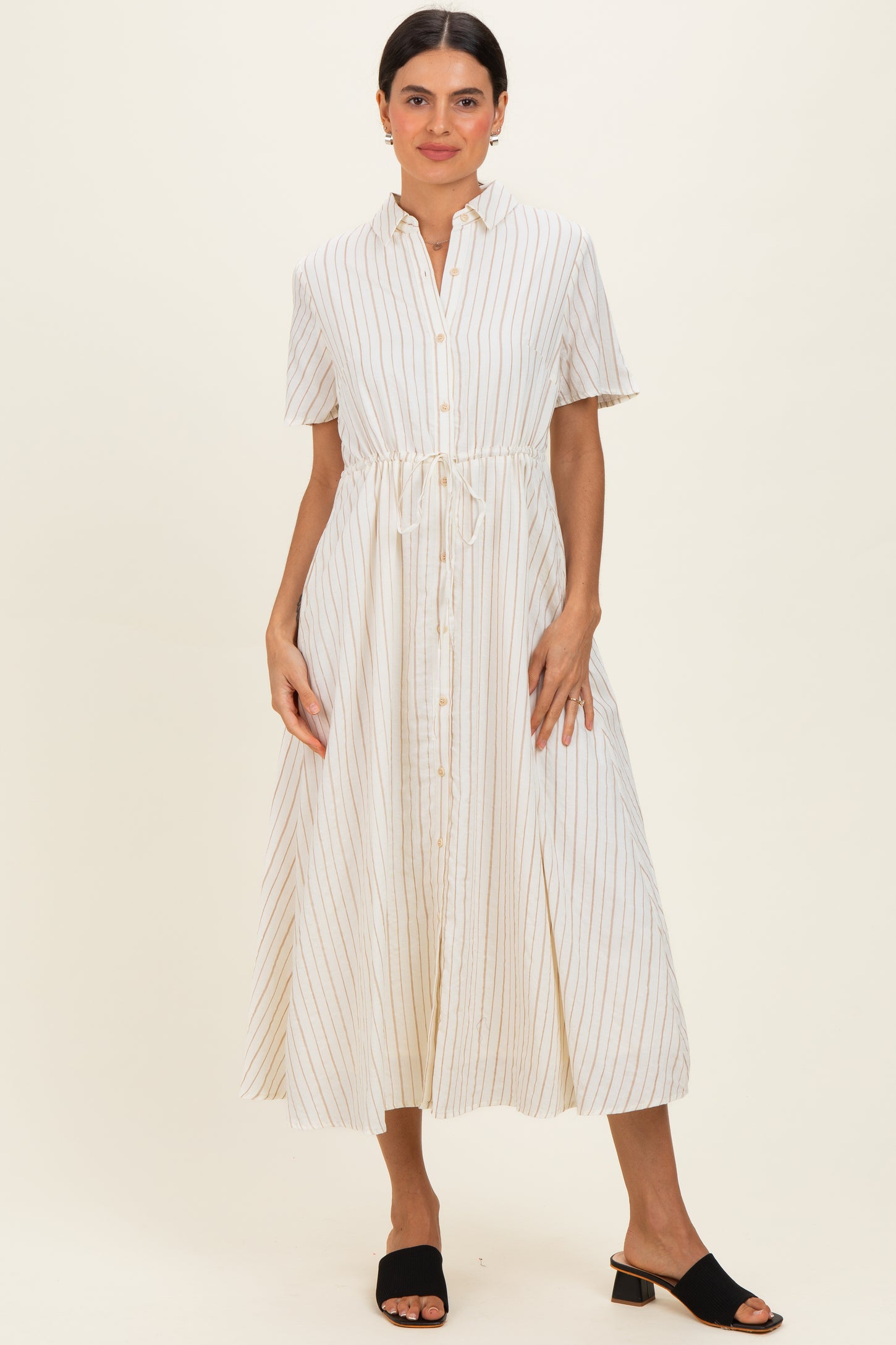 Ivory Striped Waist Tie Maternity Shirt Dress