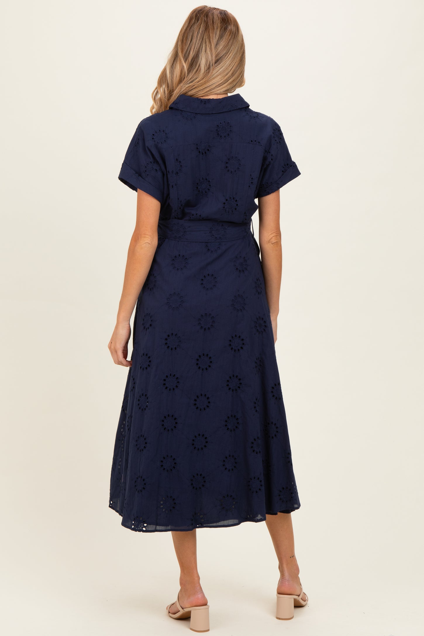 Navy Eyelet Lace Waist Tie Maternity Shirt Dress