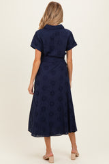 Navy Eyelet Lace Waist Tie Maternity Shirt Dress