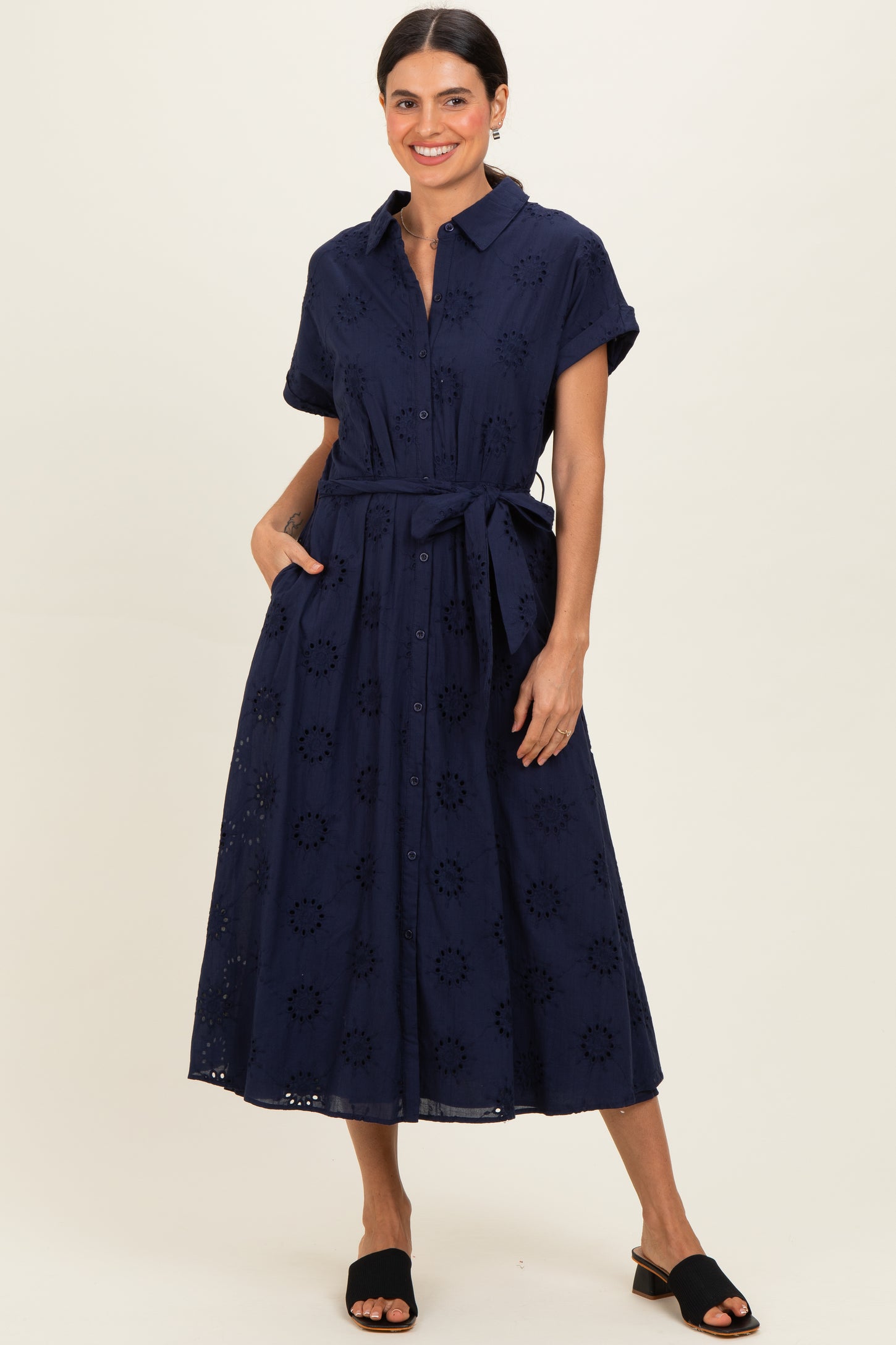 Navy Eyelet Lace Waist Tie Maternity Shirt Dress