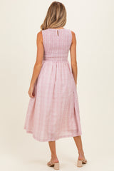 Blush Gingham Sleeveless Smocked Maternity Midi Dress