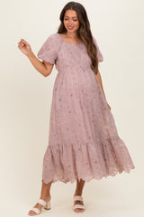 Mauve Printed Puff Sleeve Maternity Midi Dress