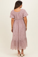 Mauve Printed Puff Sleeve Maternity Midi Dress
