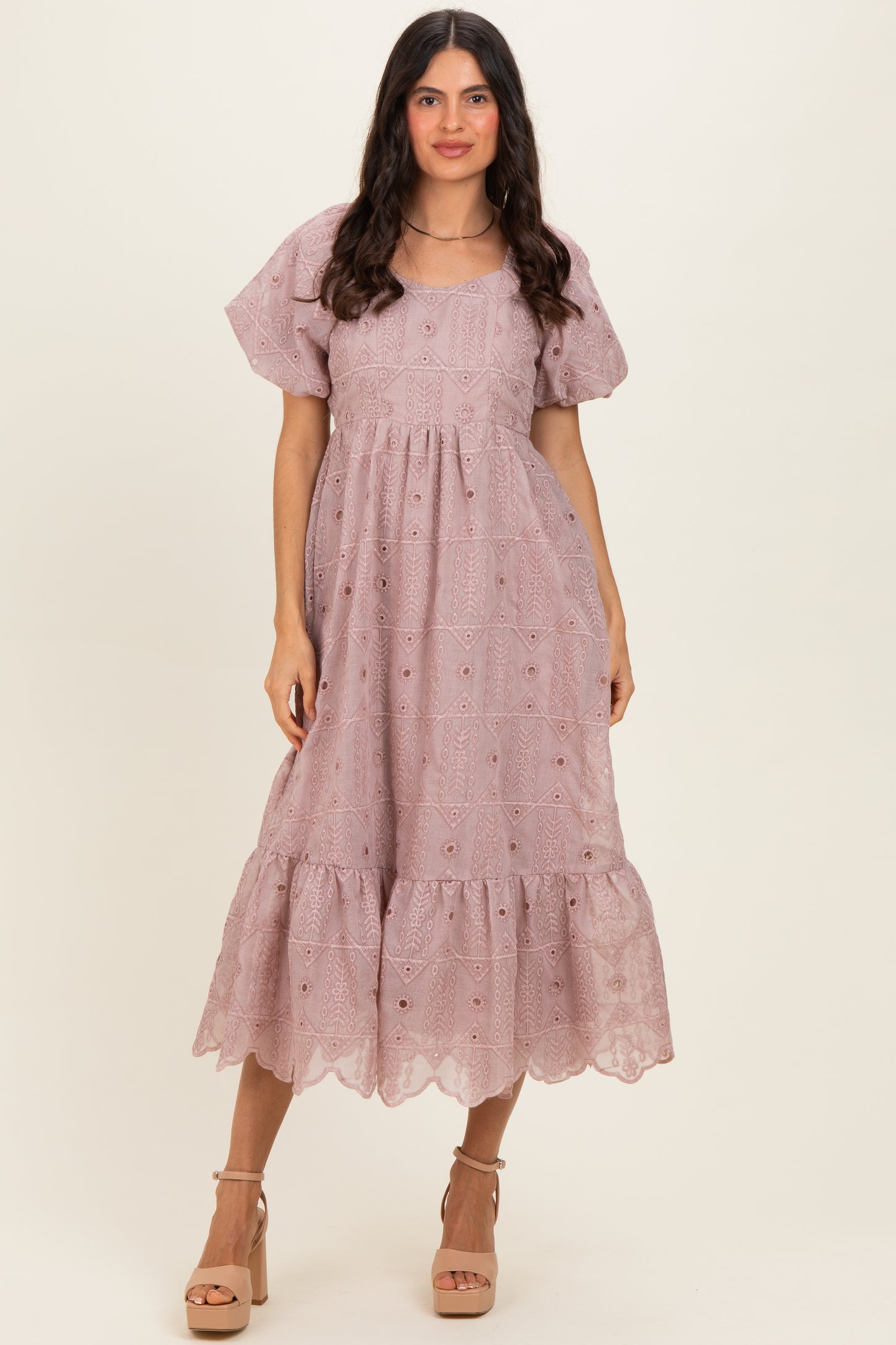Mauve Printed Puff Sleeve Maternity Midi Dress