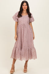 Mauve Printed Puff Sleeve Maternity Midi Dress