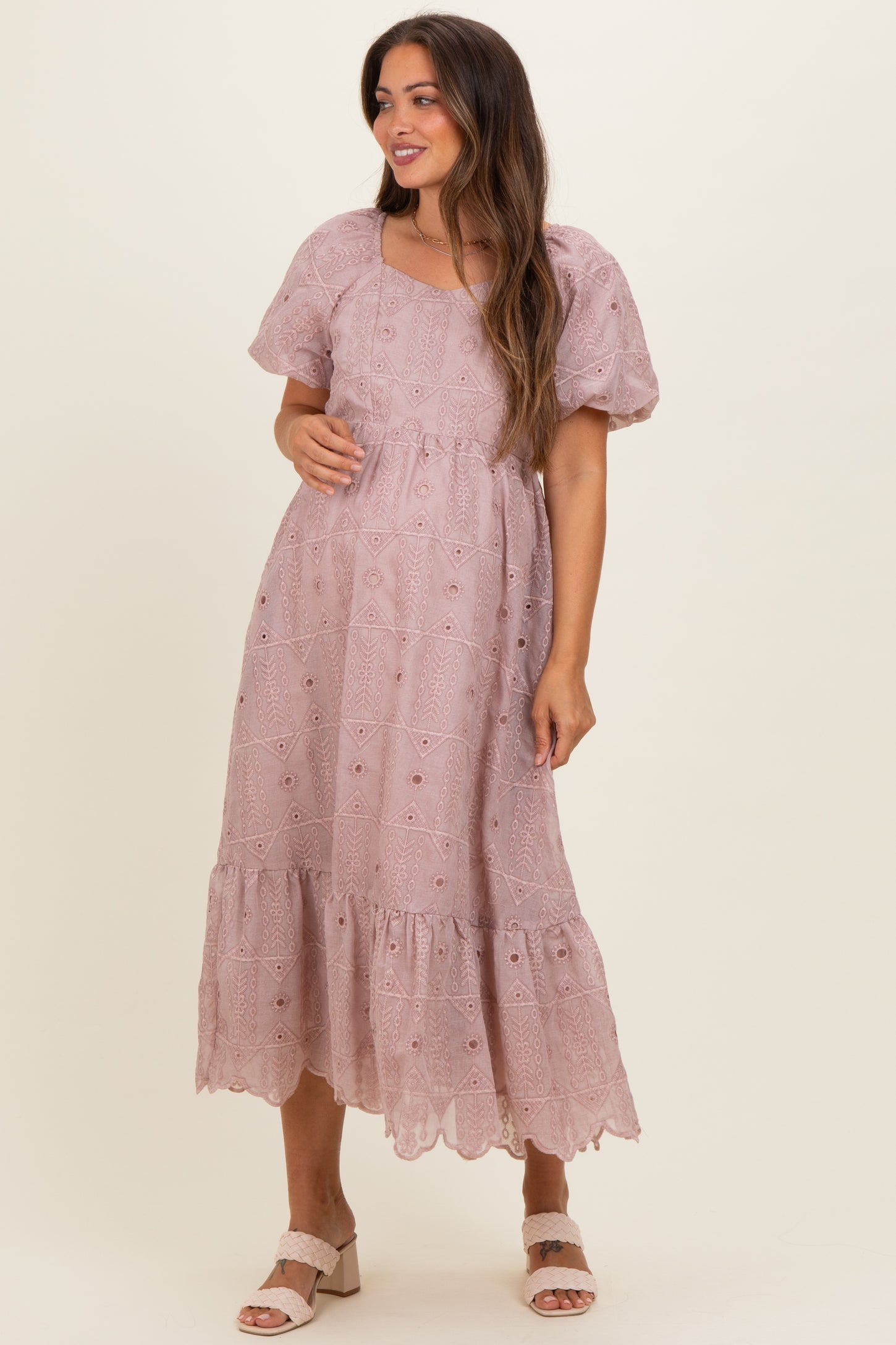 Mauve Printed Puff Sleeve Maternity Midi Dress