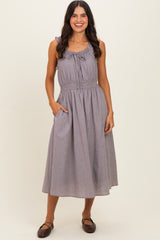 Brown Cinched Waist Front Tie Maternity Midi Dress