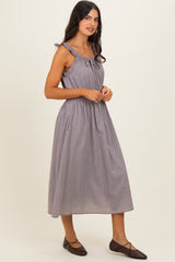 Brown Cinched Waist Front Tie Midi Dress