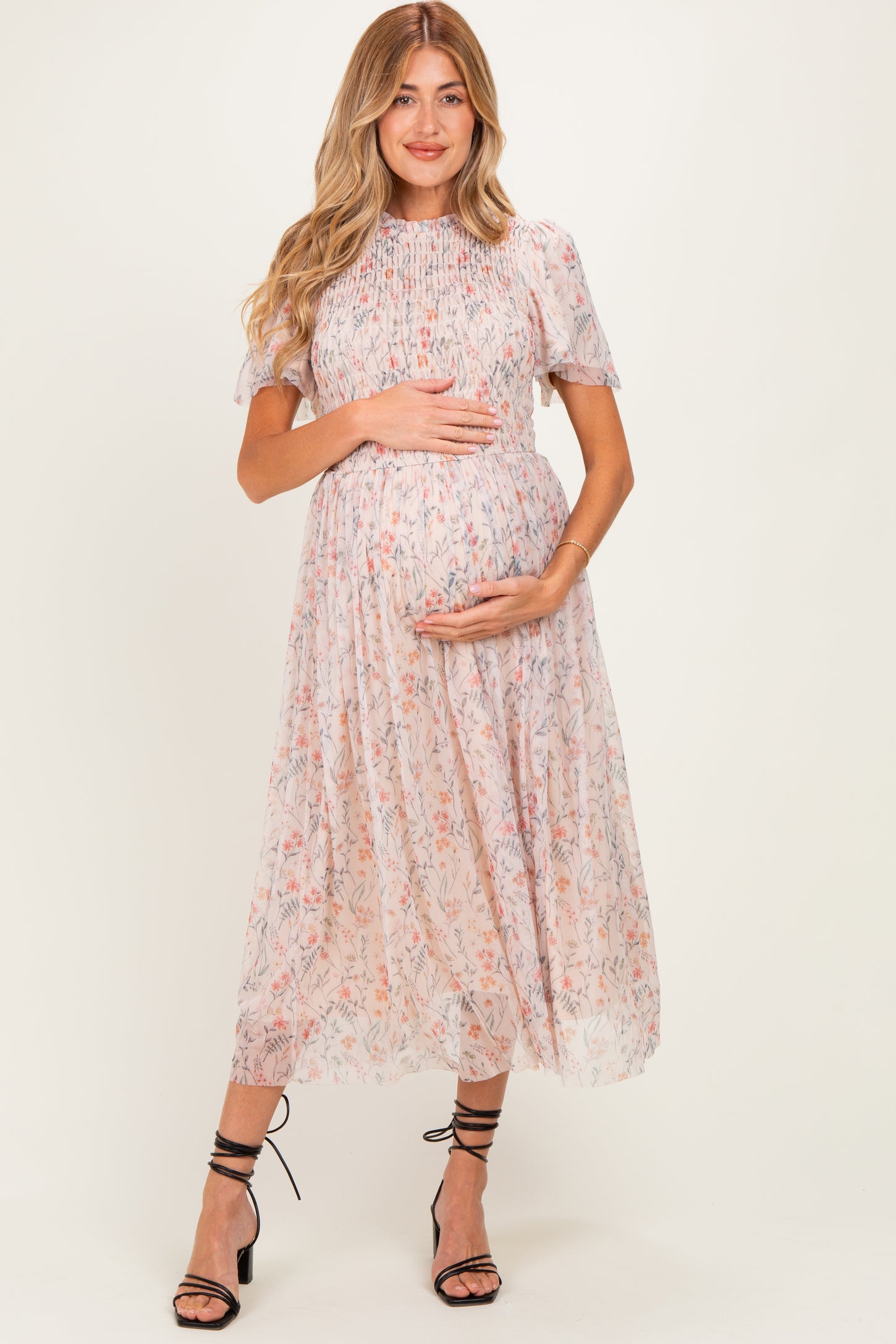 Cream Floral Smocked Maternity Midi Dress