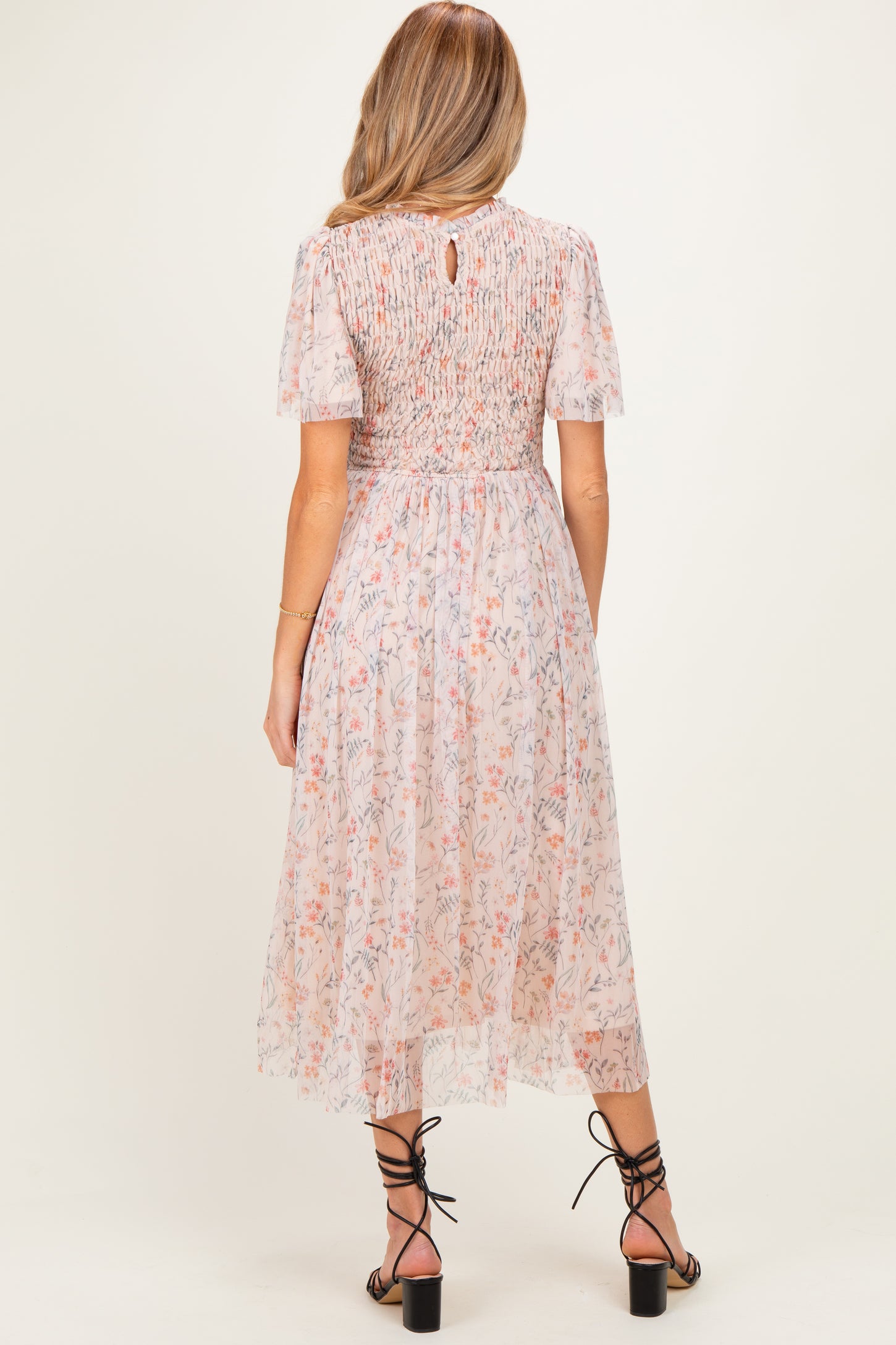 Cream Floral Smocked Maternity Midi Dress
