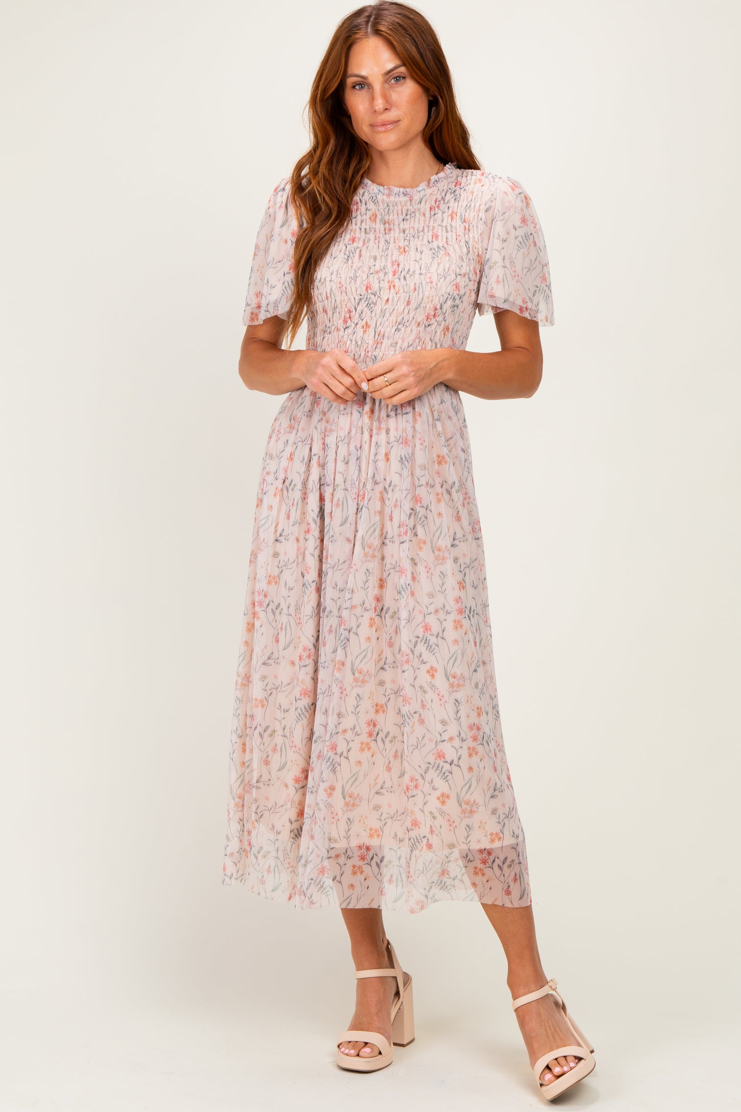 Cream Floral Smocked Maternity Midi Dress