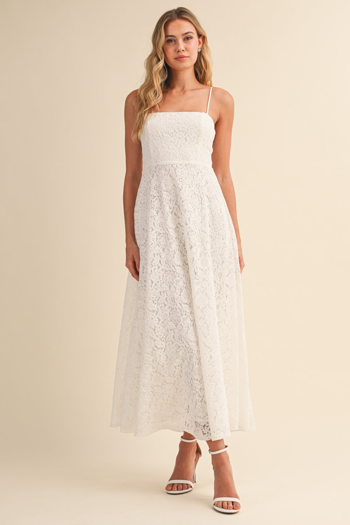 Off White Lace Sleeveless Midi Dress