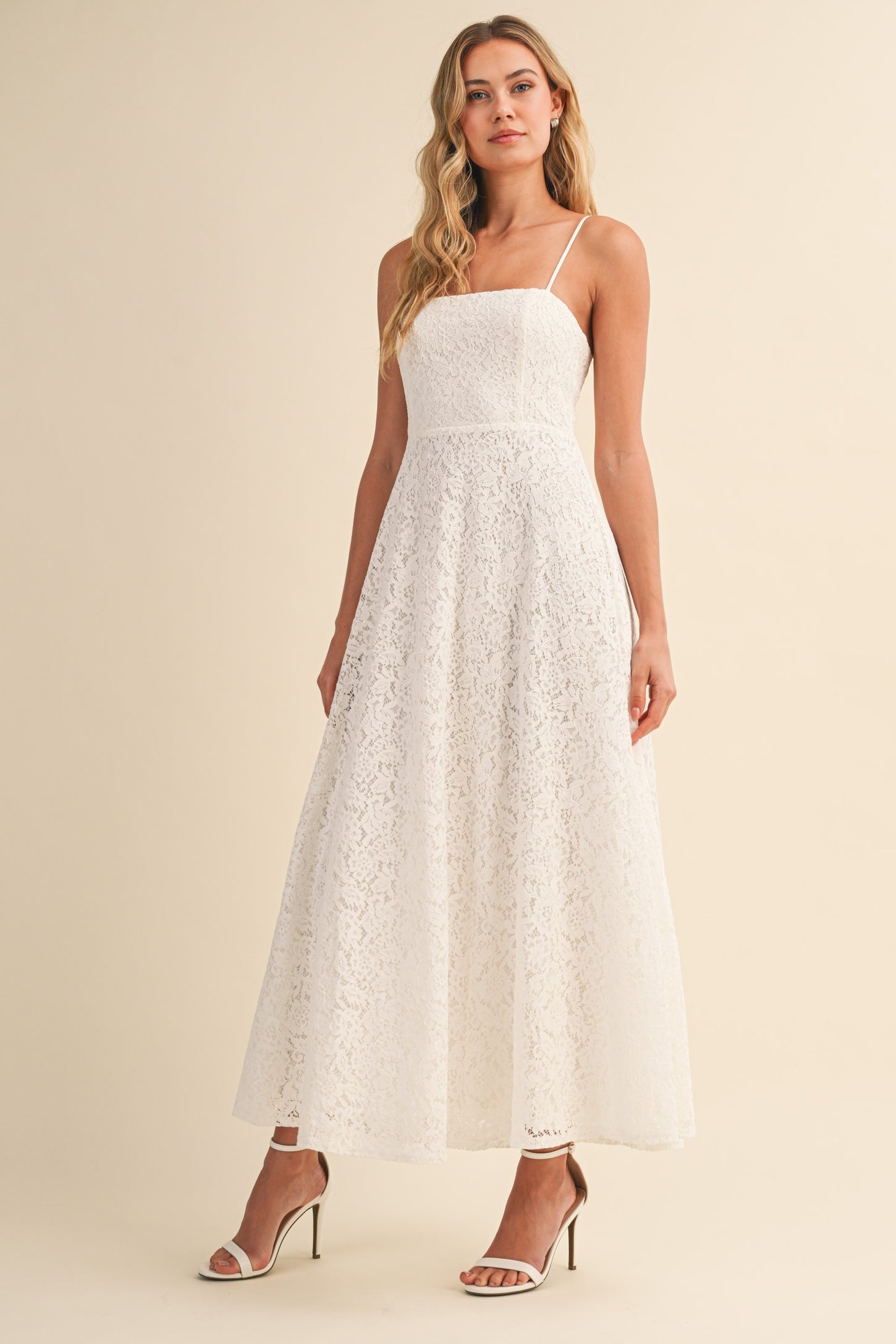 Off White Lace Sleeveless Midi Dress