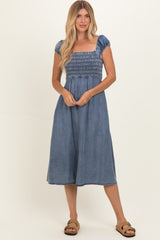 Medium Denim Chambray Smocked Maternity Midi Dress