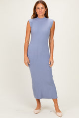 Blue Ribbed Knit Mock Neck Maxi Dress