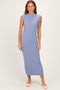 Blue Ribbed Knit Mock Neck Maxi Dress