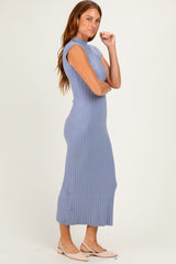 Blue Ribbed Knit Mock Neck Maxi Dress