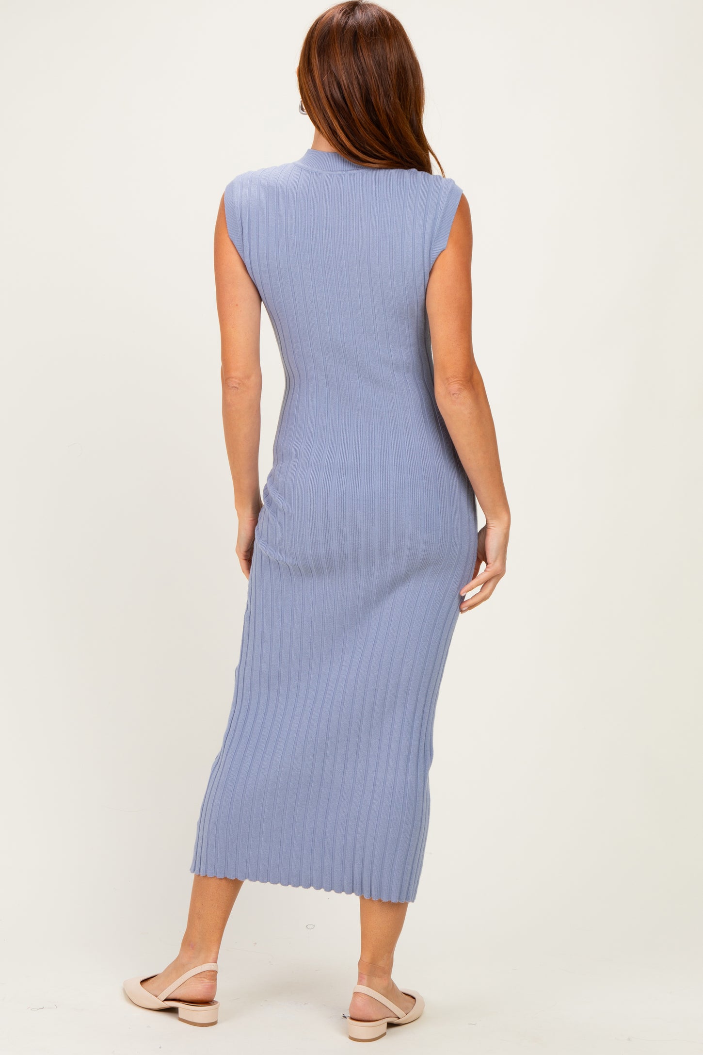 Blue Ribbed Knit Mock Neck Maxi Dress
