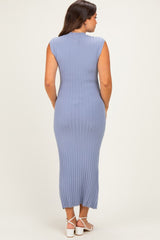 Blue Ribbed Knit Mock Neck Maternity Maxi Dress