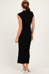 Black Ribbed Knit Mock Neck Maxi Dress
