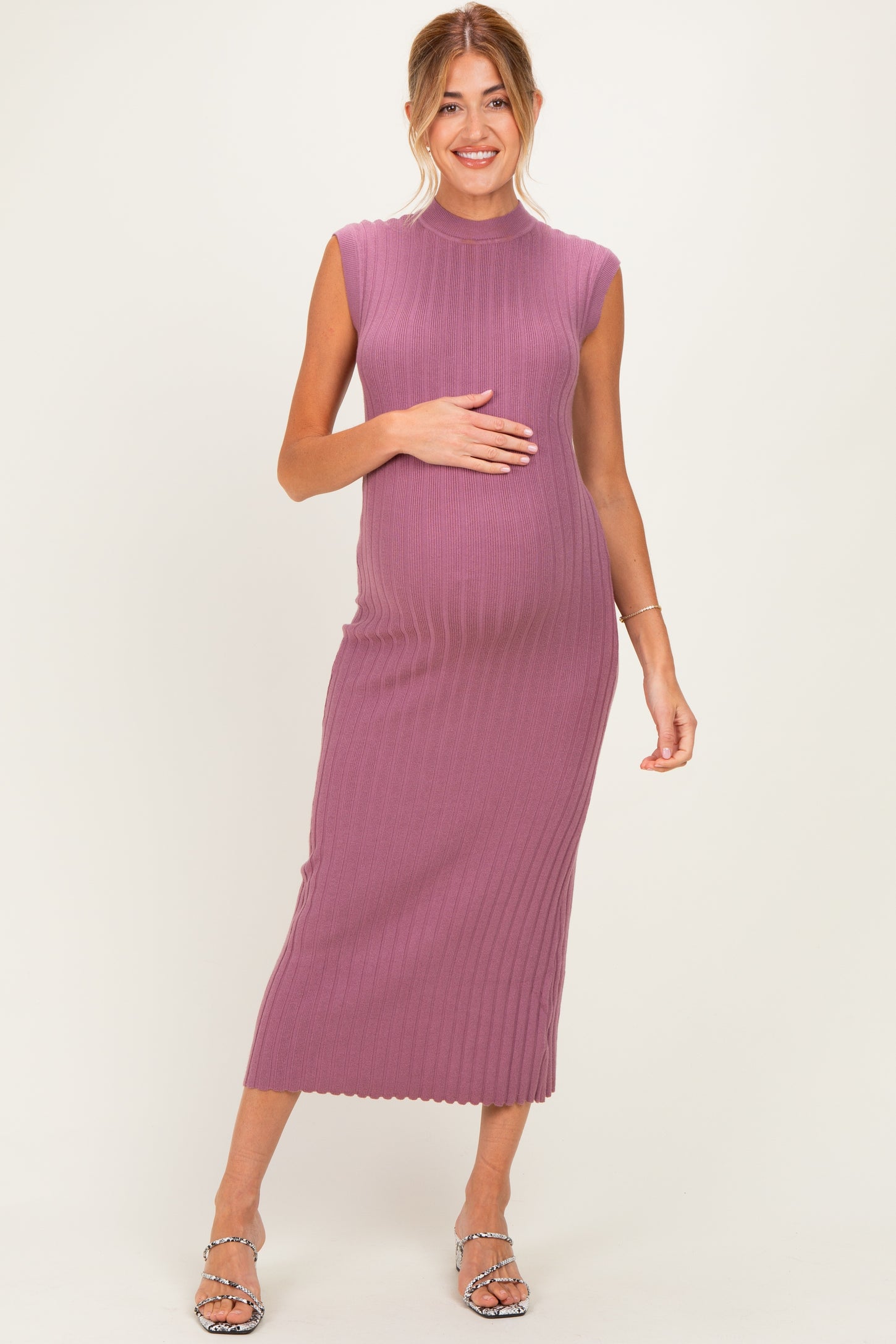 Mauve Ribbed Knit Mock Neck Maternity Maxi Dress