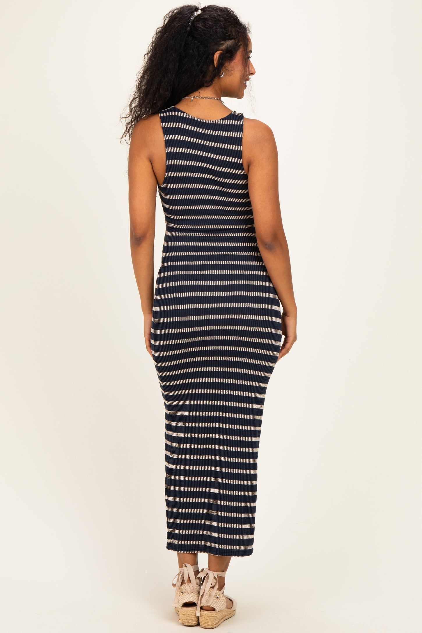 Navy Ribbed Striped Fitted Maternity Maxi Dress