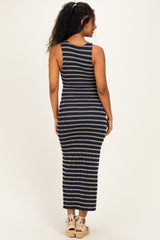 Navy Ribbed Striped Fitted Maternity Maxi Dress