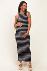 Navy Ribbed Striped Fitted Maternity Maxi Dress