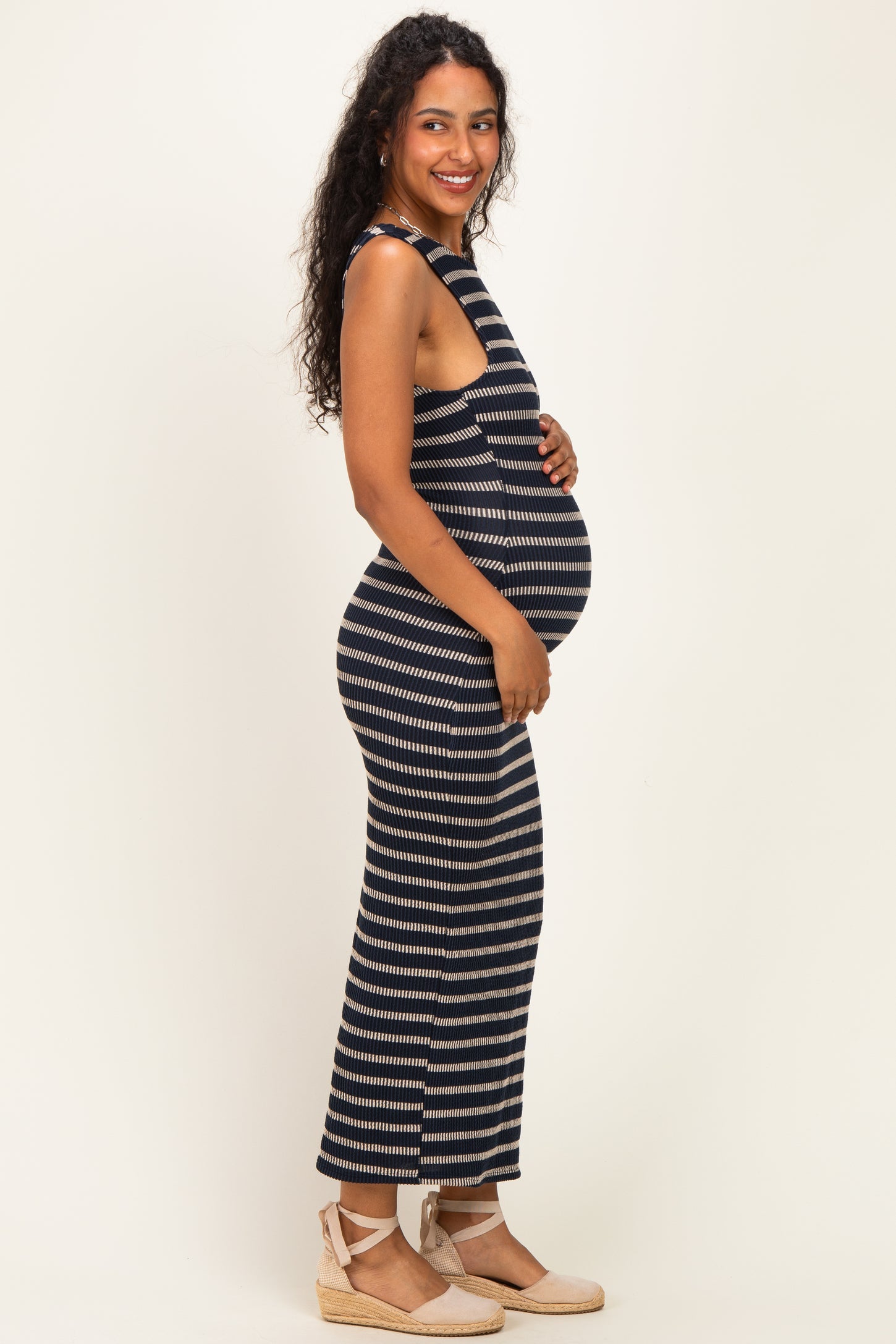Navy Ribbed Striped Fitted Maternity Maxi Dress