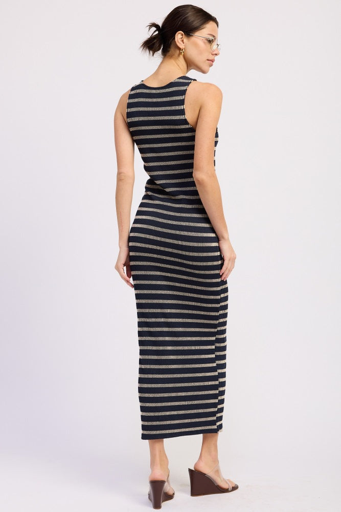 Navy Ribbed Striped Fitted Maxi Dress