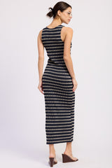 Navy Ribbed Striped Fitted Maxi Dress