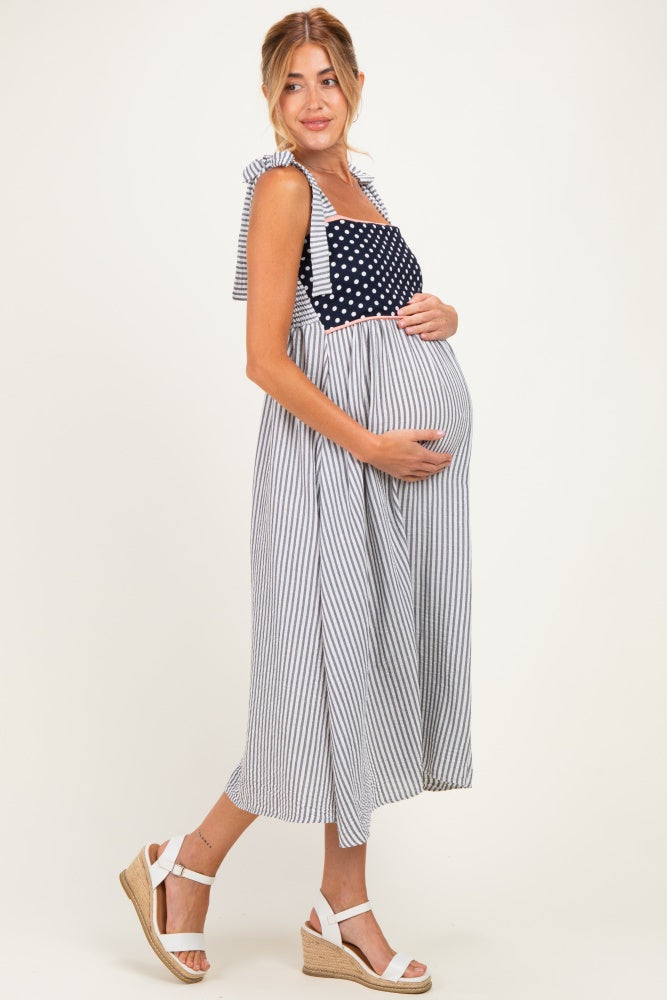 Navy Polka Dot Stripe Shoulder Tie Maternity Midi Dress