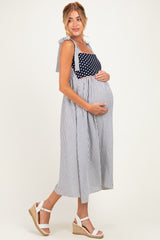 Navy Polka Dot Stripe Shoulder Tie Maternity Midi Dress