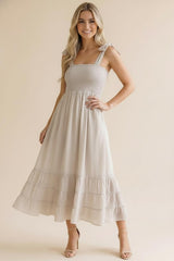 Stone Smocked Shoulder Tie Maxi Dress