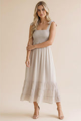Stone Smocked Shoulder Tie Maxi Dress