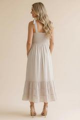 Stone Smocked Shoulder Tie Maxi Dress