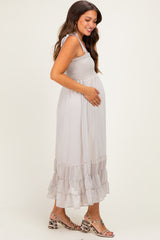 Stone Smocked Shoulder Tie Maternity Maxi Dress