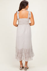 Stone Smocked Shoulder Tie Maternity Maxi Dress