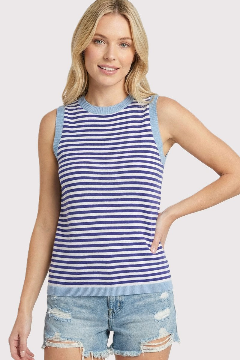 Royal Blue Striped Knit Solid Trim Tank
