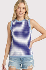 Royal Blue Striped Knit Solid Trim Tank