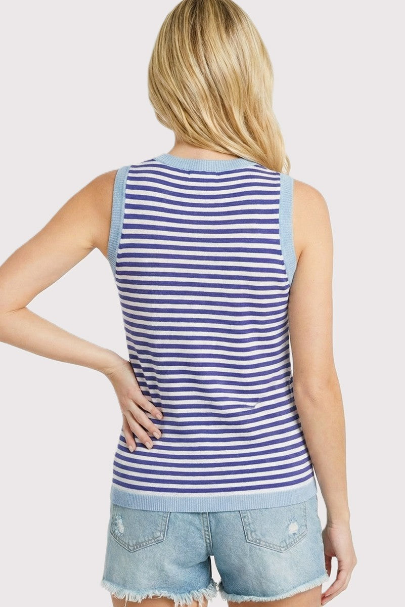 Royal Blue Striped Knit Solid Trim Tank
