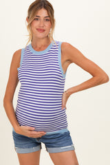Royal Blue Striped Knit Solid Trim Maternity Tank