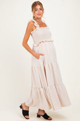 Beige Sleeveless Smocked Tiered Maxi Dress
