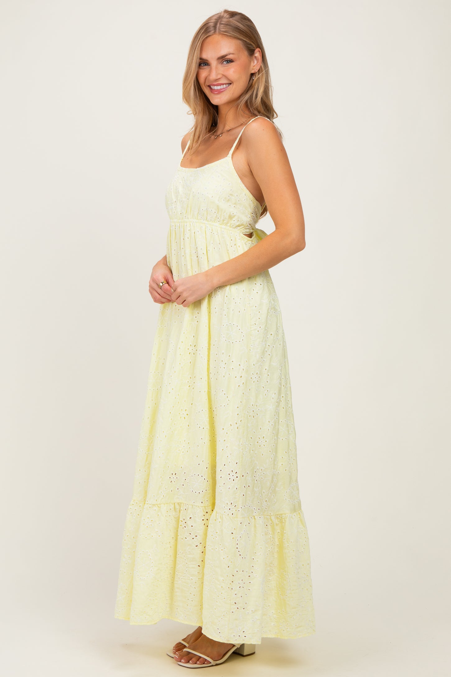 Yellow Eyelet Lace Sleeveless Ruffle Hem Maxi Dress